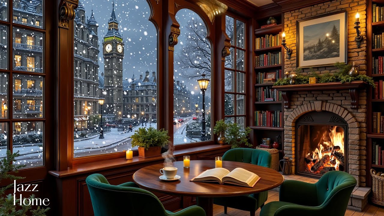 Relaxing Winter Fireplace Ambience❄️Smooth January Jazz Music & Cozy Snowfall in London for Sleeping