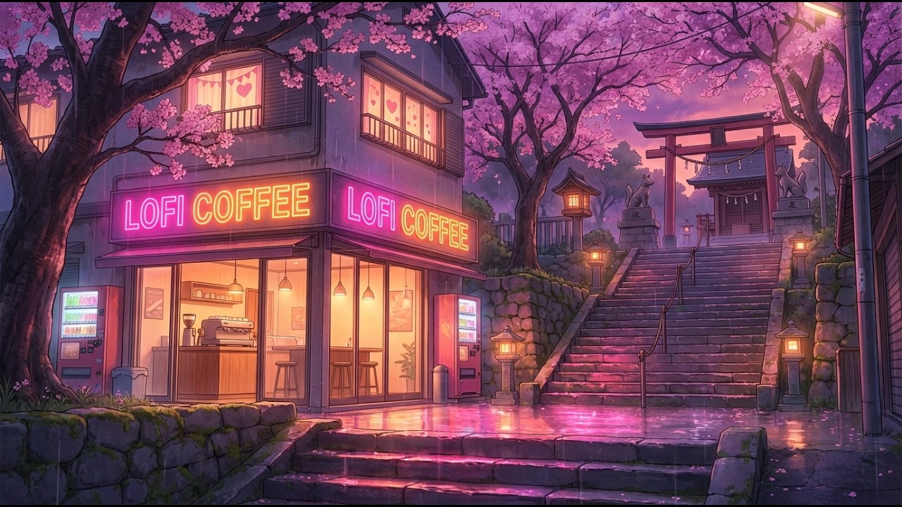 🌸☕ Neon Sakura Night 🌧️✨ Lofi Coffee Ambience for Study Focus and Calm Mind
