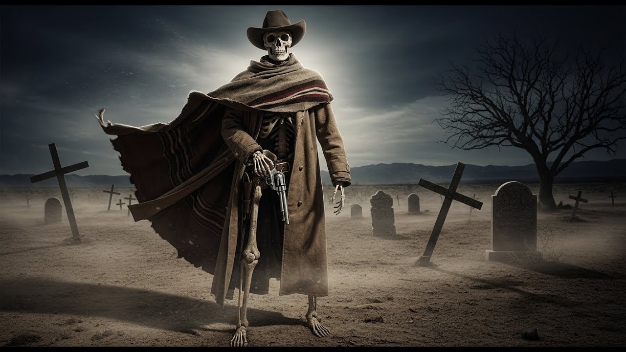 A Skeletal Cowboy Drinking Whiskey in the Dark West 4K