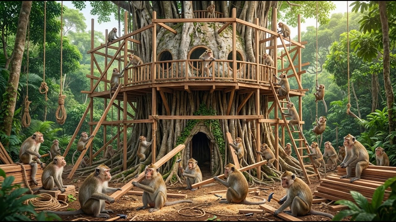 Indian monkeys build a shelter for hundreds of monkeys on a giant ancient tree (4K)