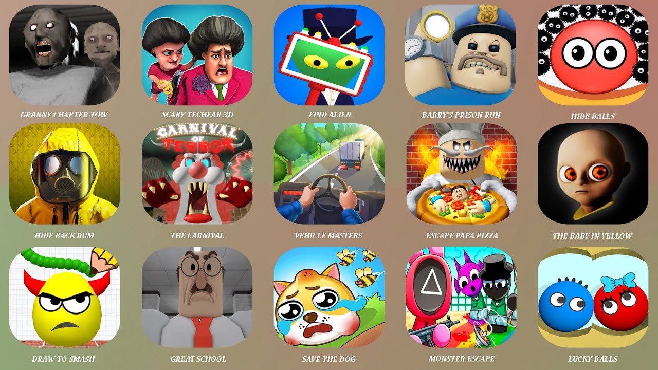 Roblox,BARRY'S PRISON RUN,Granny Chapter Tow,The Baby in Yellow,Hide Balls,Vehicle Masters