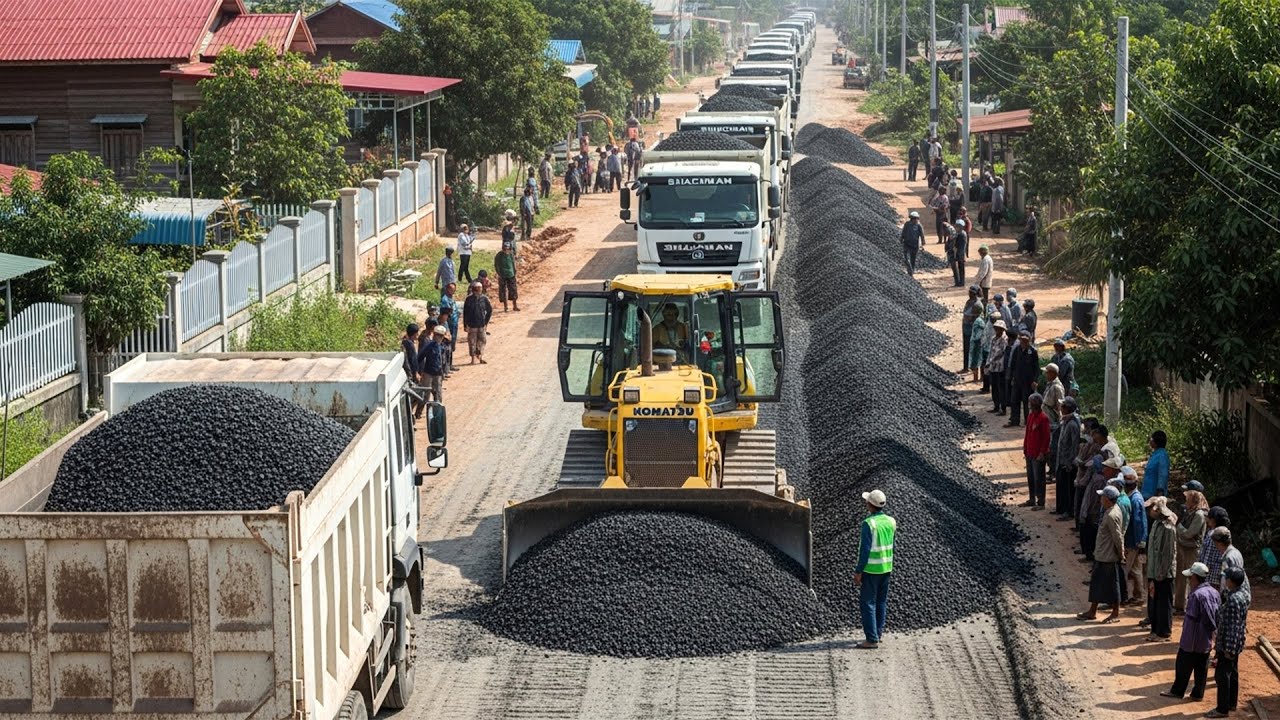 Amazing Bulldozer Skill | Perfect Road Gravel Spreading in Busy Village