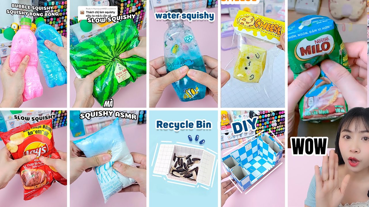 🧃💦🍉🍩🧀DIY SQUISHY 🍓🍩 Thùng Rác 📋Kệ Sách và Ống Cắm Bút 📋Trend tiktok và cái kết /Quyển Sách Nhỏ 