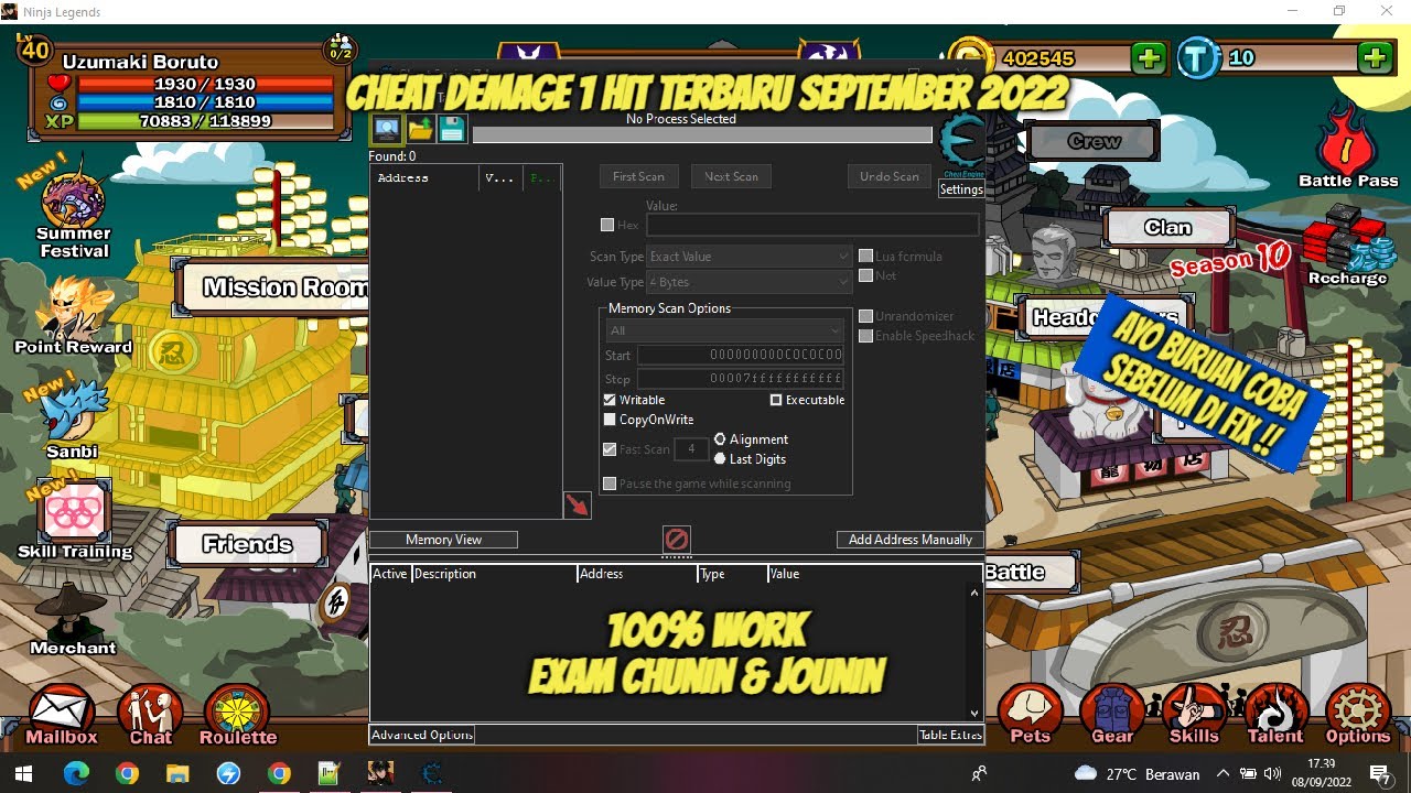 TUTORIAL CHEAT DAMAGE 1 HIT PAKE CHEAT ENGINE DI NINJA LEGENDS ANTI KE BANNED | MUDAH !!!