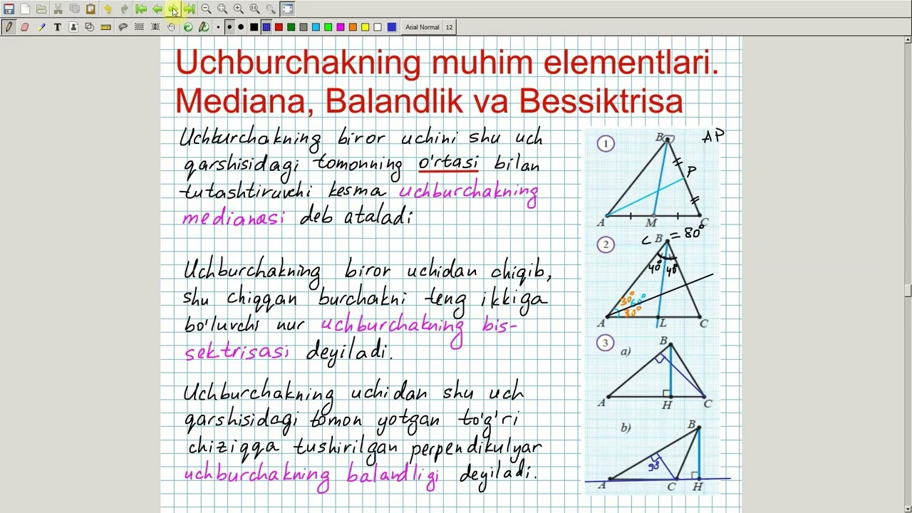 Uchburchakning muhim elementlari. Mediana, Balandlik va Bissektrisa. Geometriya 7-sinf. 12-dars