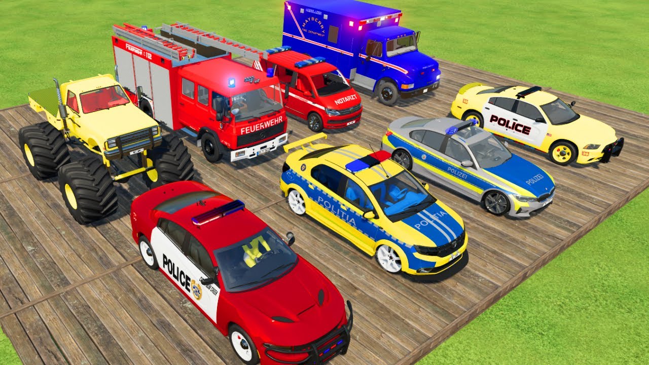 TRANSPORTING AMBULANCE, FIRE TRUCK, POLICE CARS, CARS, MONSTER TRUCK OF COLORS! WITH TRUCKS! - FS 22
