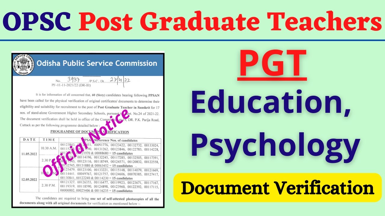OPSC Post Graduate Teacher in Education & Psychology Document Verification List