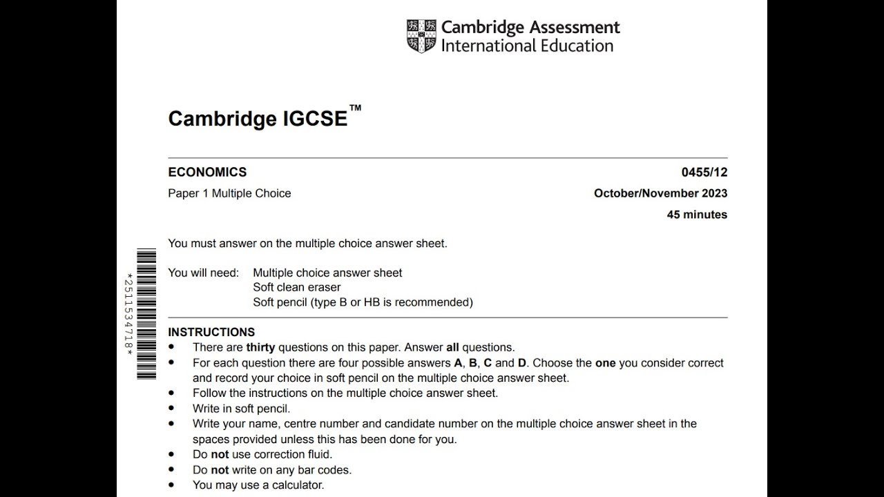 IGCSE Economics | Paper 1 | Oct/Nov 2023 | 0455/12