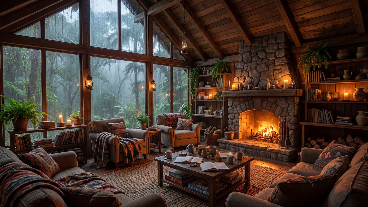 Smooth Jazz Music for Stress Relief, Relax 🌧️ Cozy Forest Cabin on Rainy Day & Fireplace Ambience 🔥