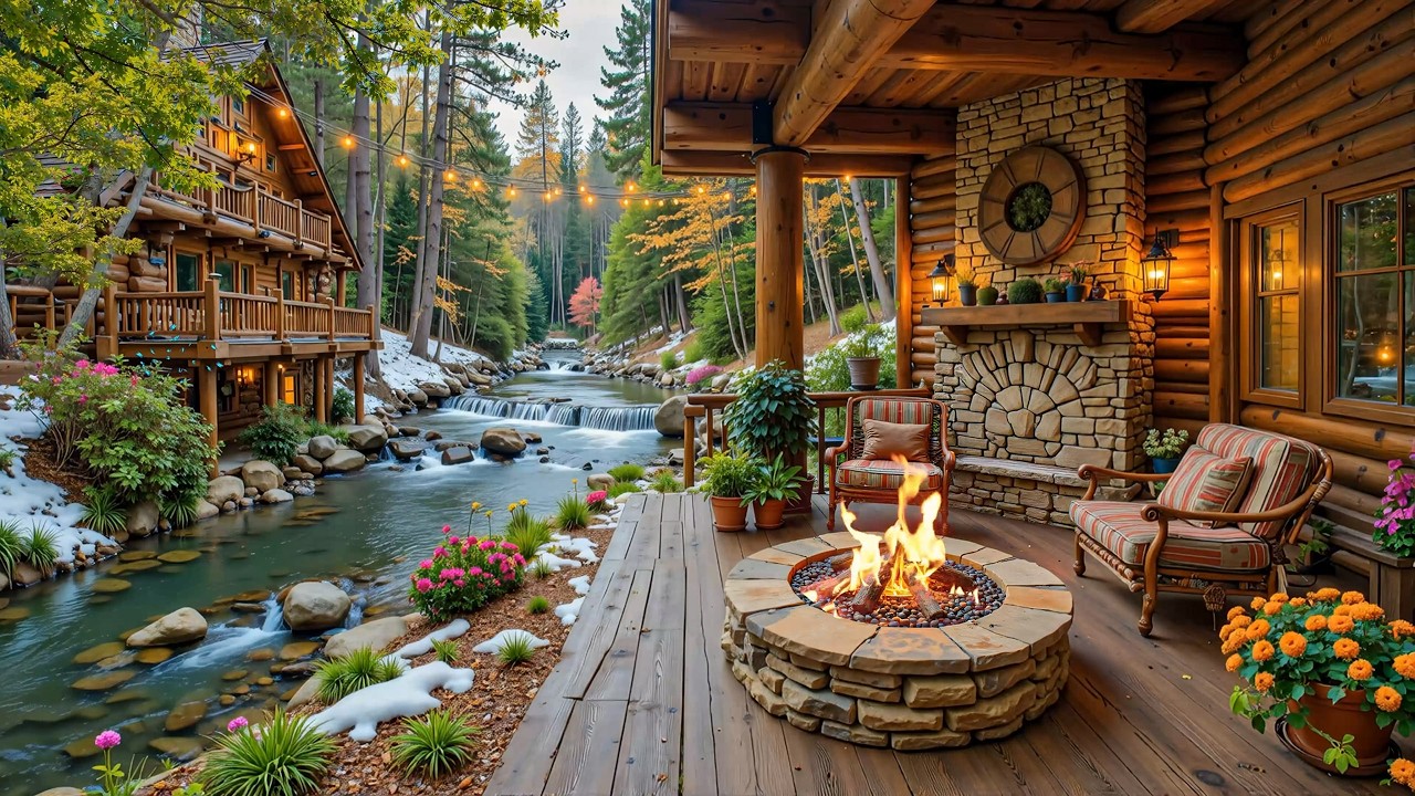 Gentle Piano Music & Cozy Fireplace Sounds for Spring Day 🌺🔥Cozy Lakeside Cabin with Birdsong