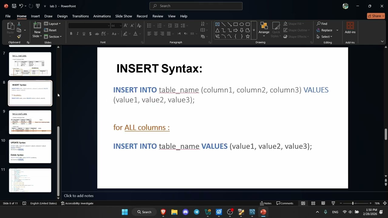 محاضرة 3 من مختبر ( database lab 3) شرح Inserting and Modifying Data