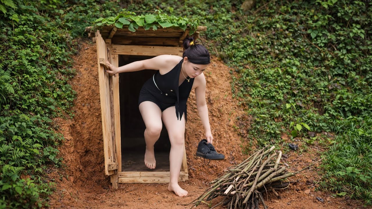 Solo Girl Builds a Secret Room Under a Mountain in the Forest#youtube 
