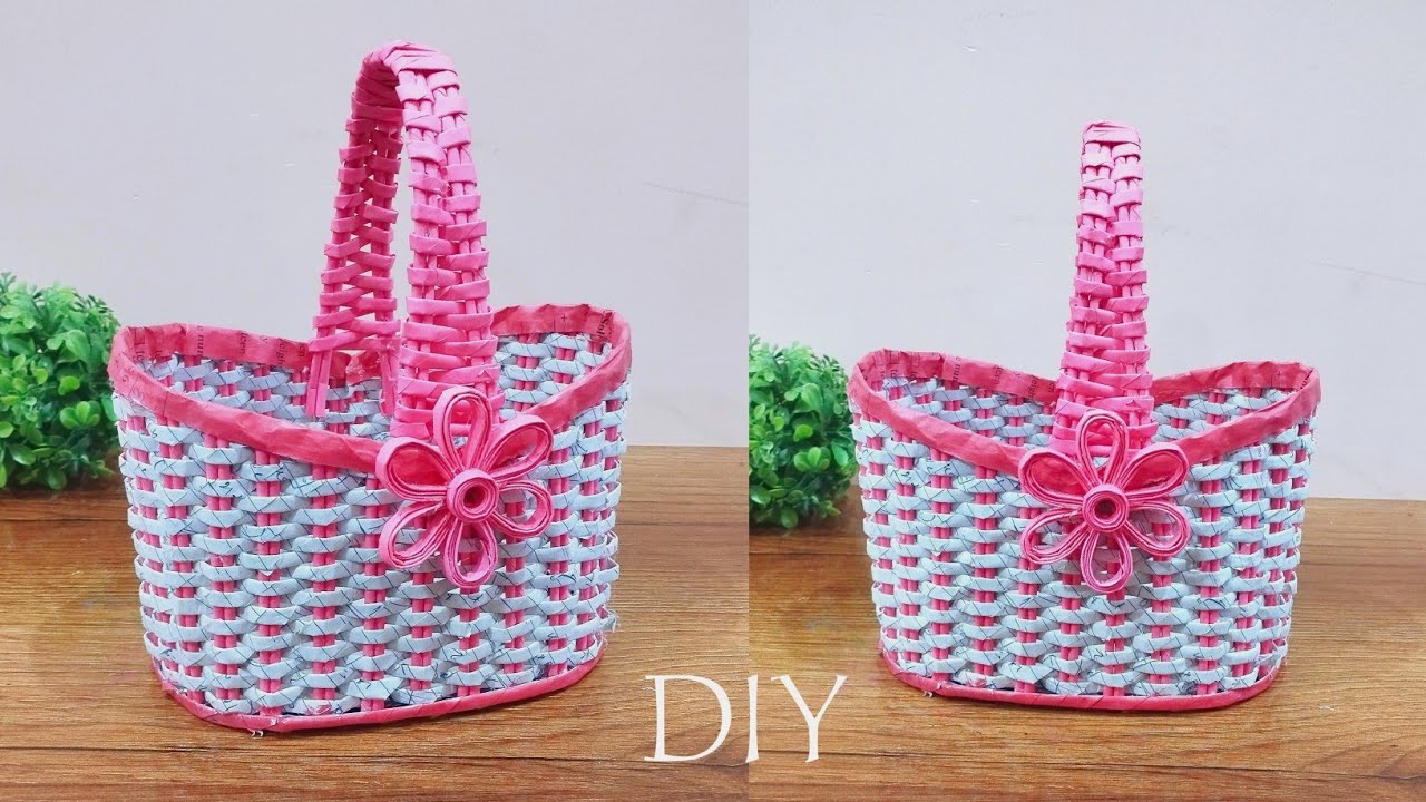 Beautiful!! DIY Weaving Basket with handle | Newspaper weaving Basket |