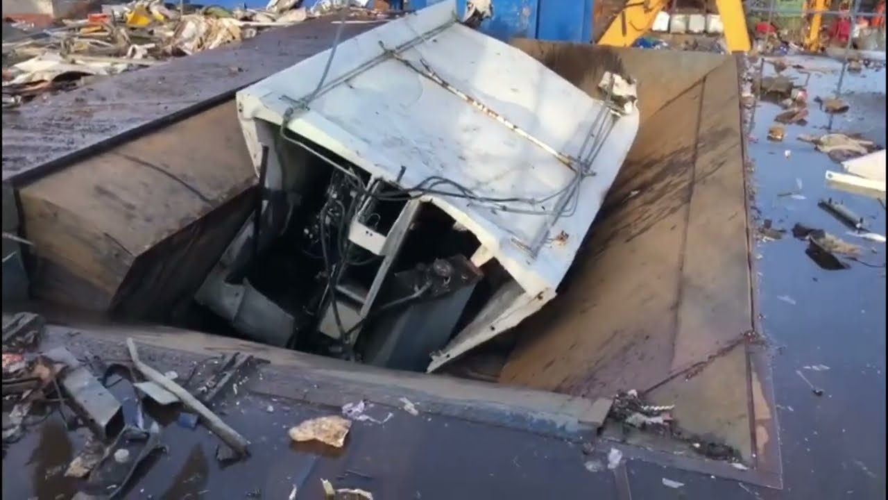 Oversized steel bin wagon body being processed at Bradford Waste Traders by the HP1100 Moros Shear