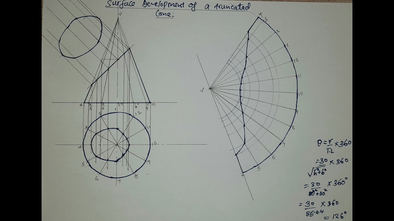 Development of a truncated cone Example 5|SURFACE DEVELOPMENT
