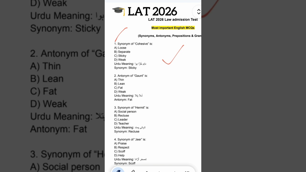 most important English Mcqs LAT law admission test preparation Synoym Antonym Preposition 