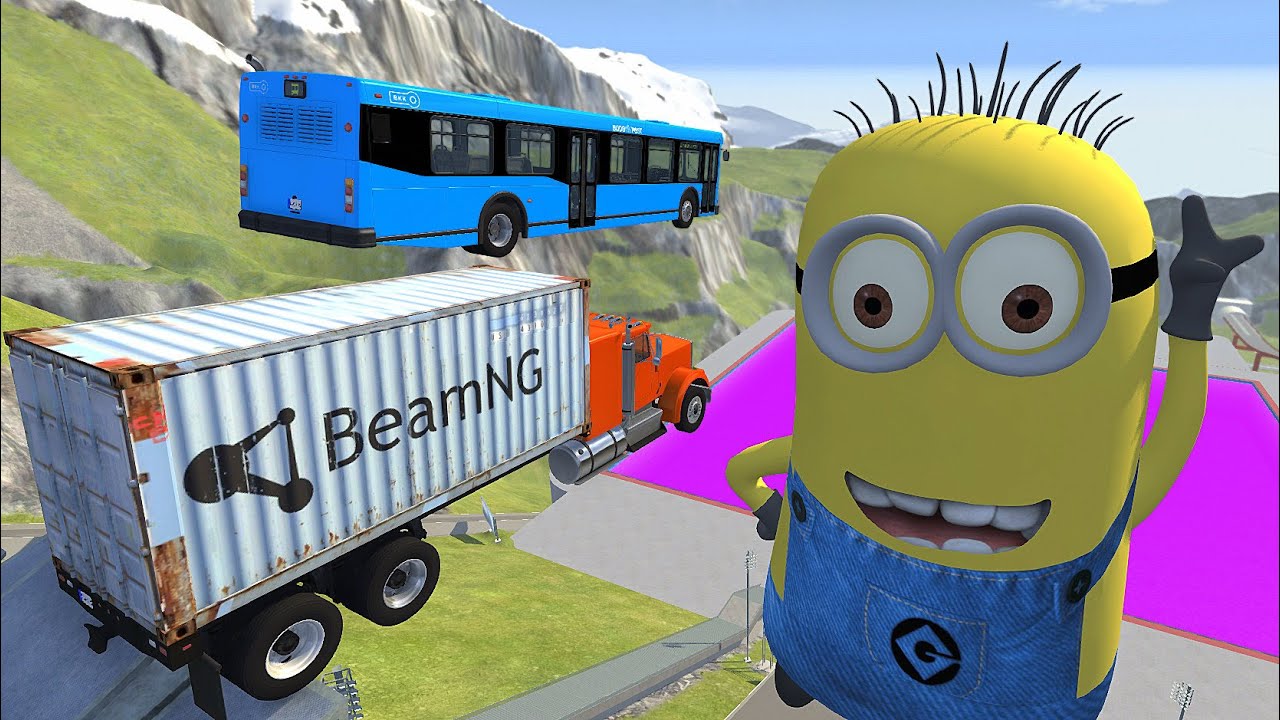 Crazy Vehicle High Speed Jumps Over Minions In Purple Slime Pool - BeamNG.drive High Speed Jumps