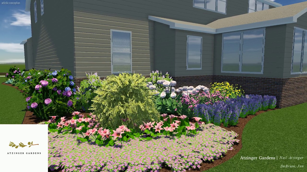 Stately entrance, backyard perennial garden, lighting, and trees.