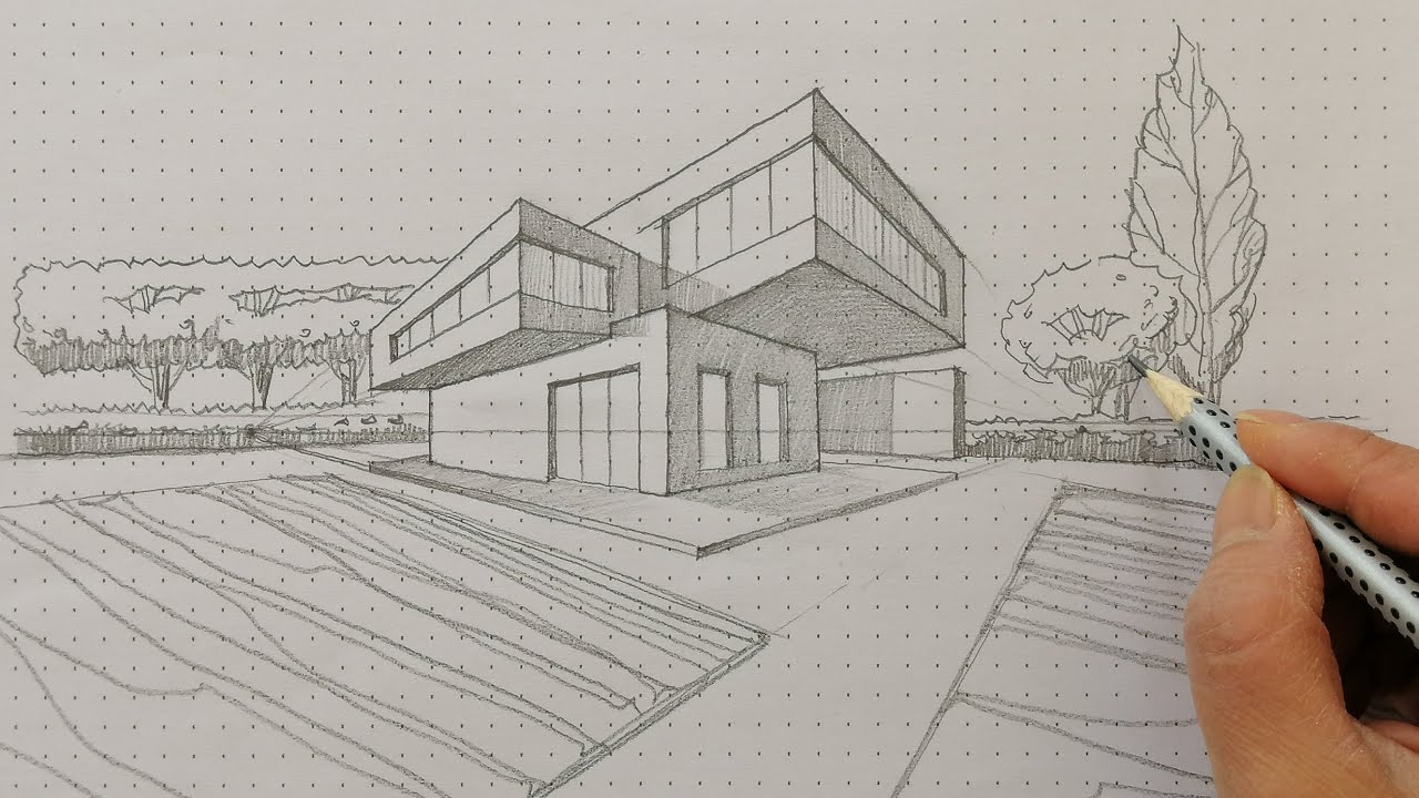 Zeichnen modernes Haus in 2 Punkt Perspektive #2