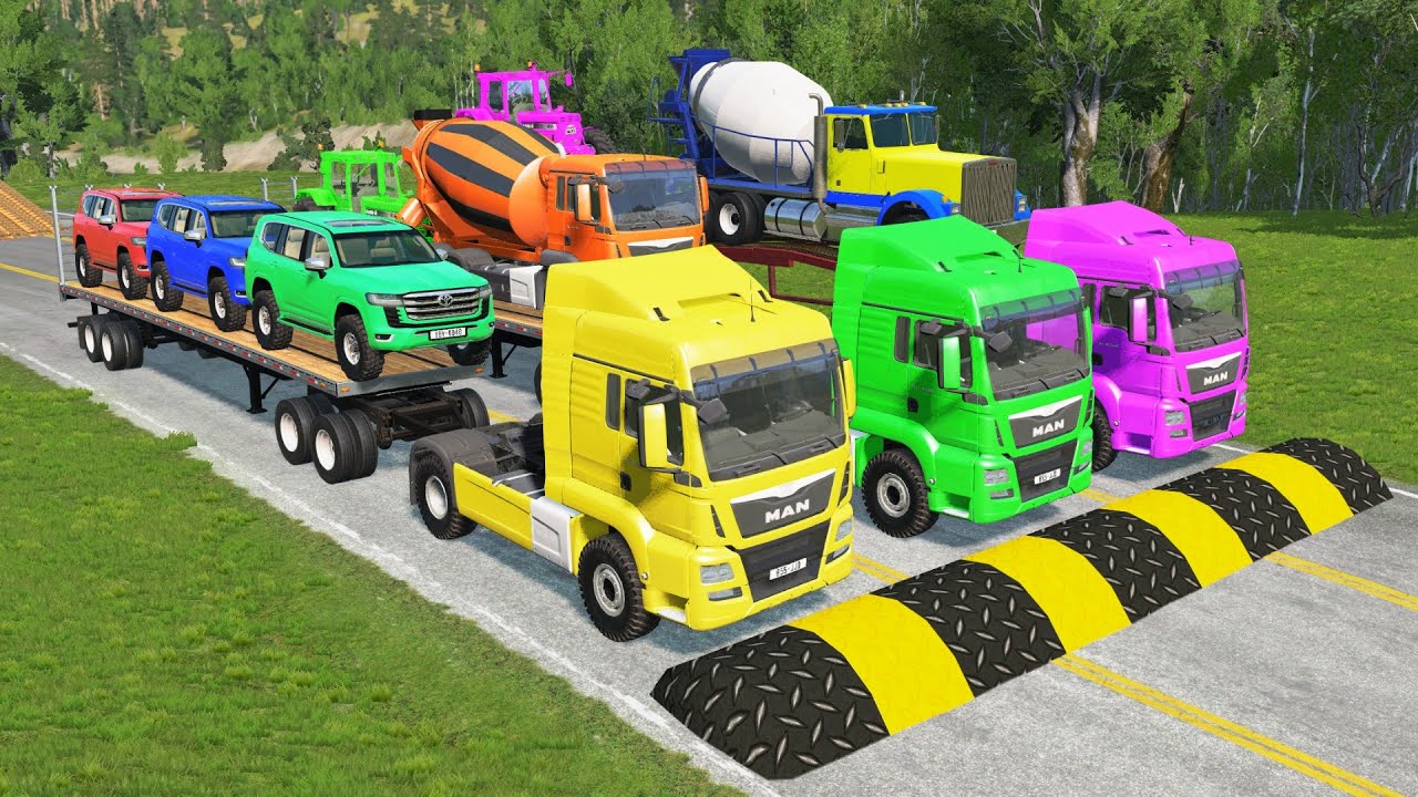 TRANSPORTING PIXAR CARS & FRUITS WITH COLORED & JOHN DEERE vs CLAAS vs TRACTORS - BeamNG.drive #983