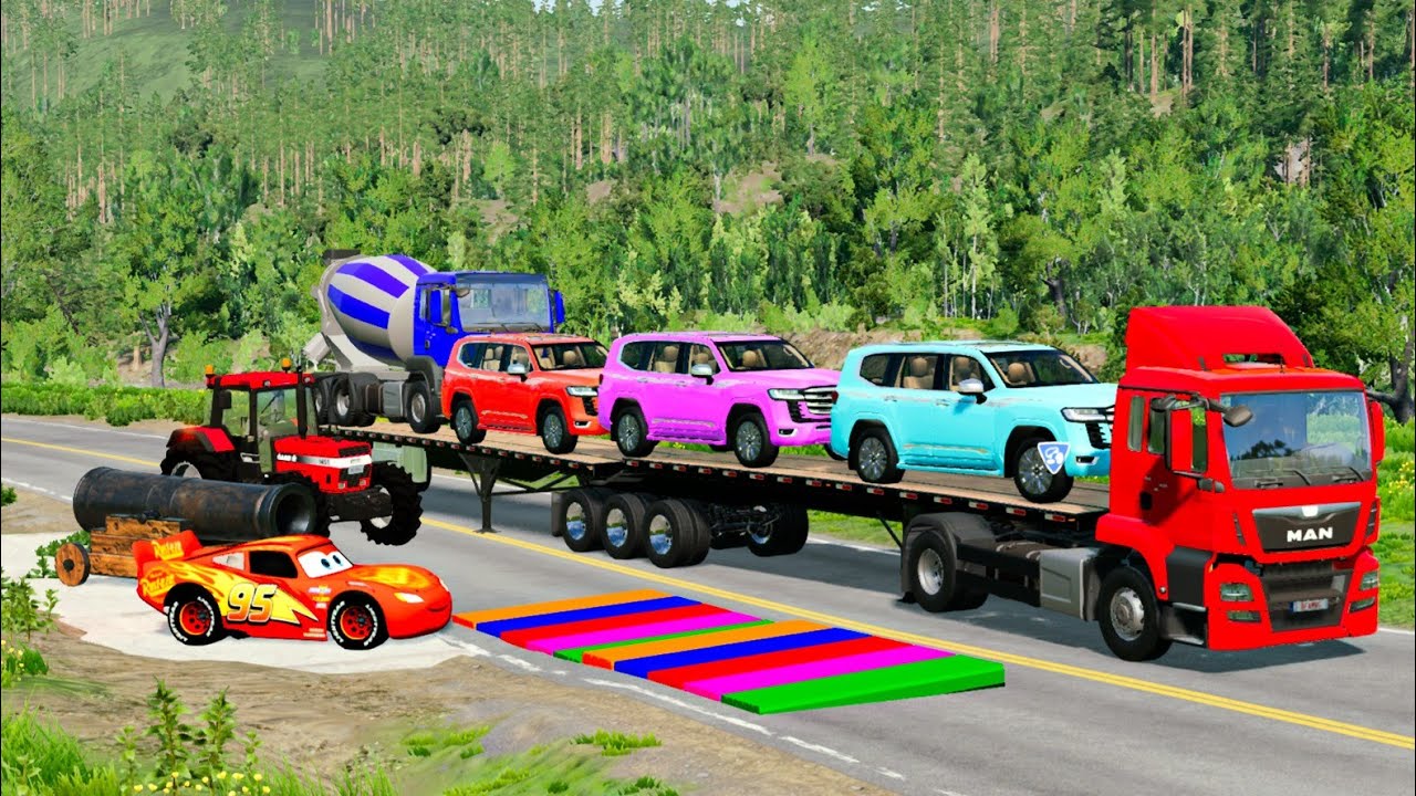 Flatbed Truck McQueen | Transportation with Truck - Pothole vs Car #027    BeamNG.Drive Gameplay