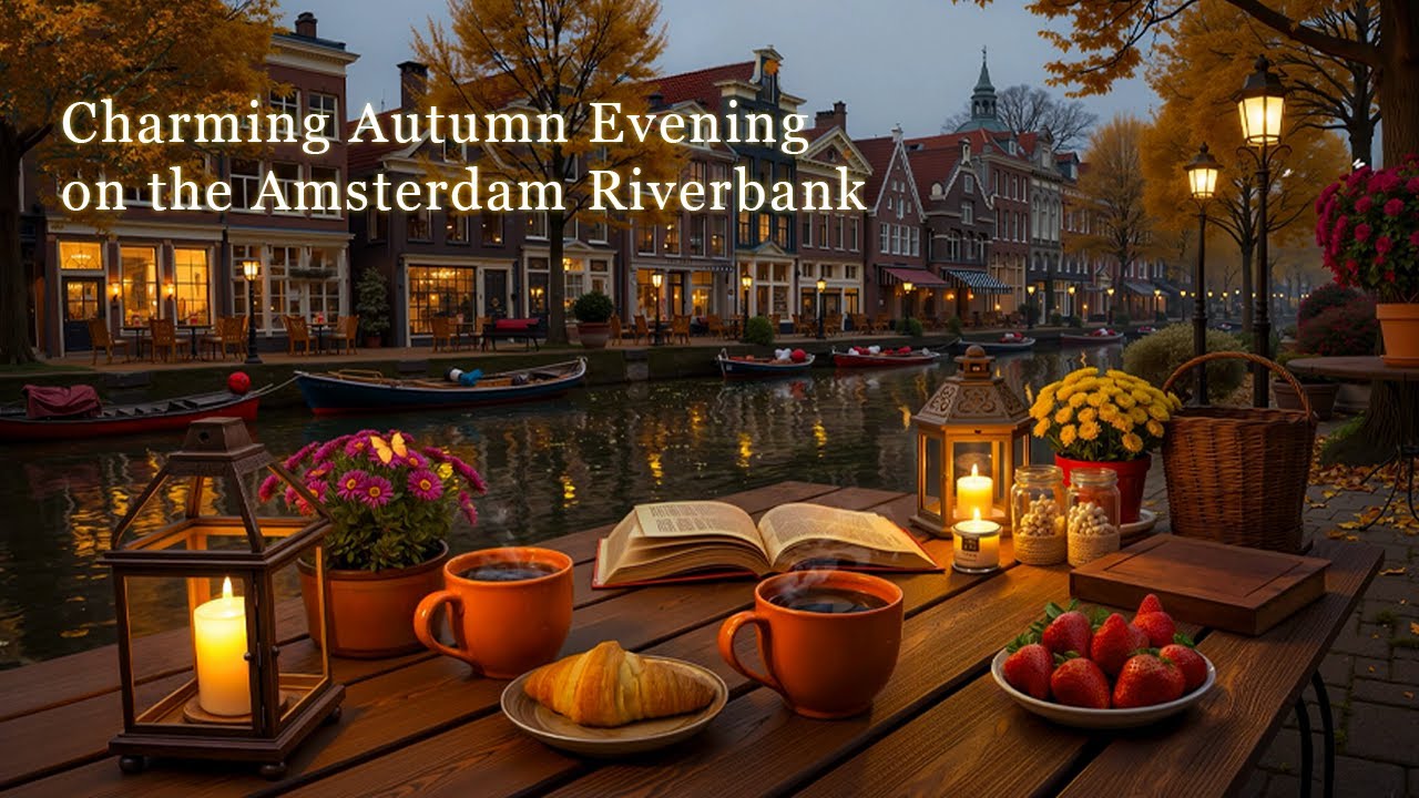 Cozy Autumn Evening in Amsterdam 🍁 Relaxing Jazz Piano & Riverside Ambience for Study & Sleep