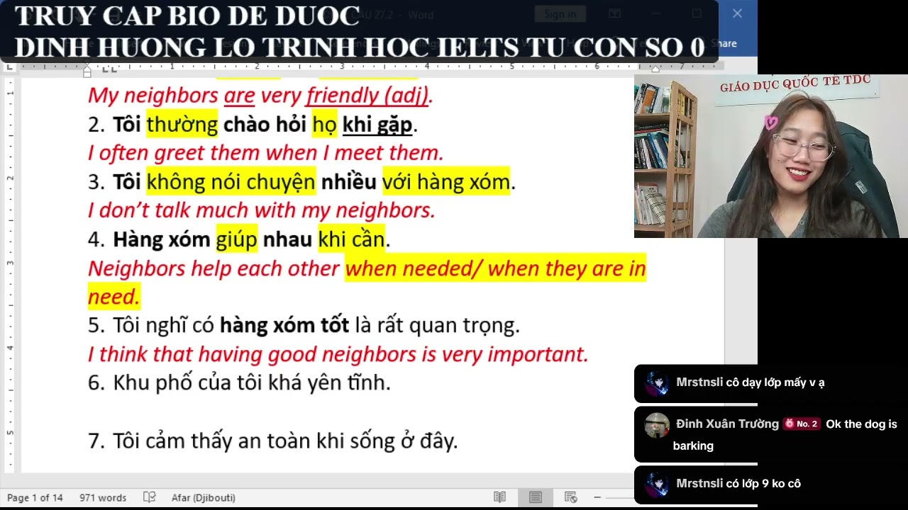 LUYỆN DỊCH CÂU CƠ BẢN CHO NGƯỜI MỚI BẮT ĐẦU HỌC IELTS - CÔ MY ĐẶNG IELTS