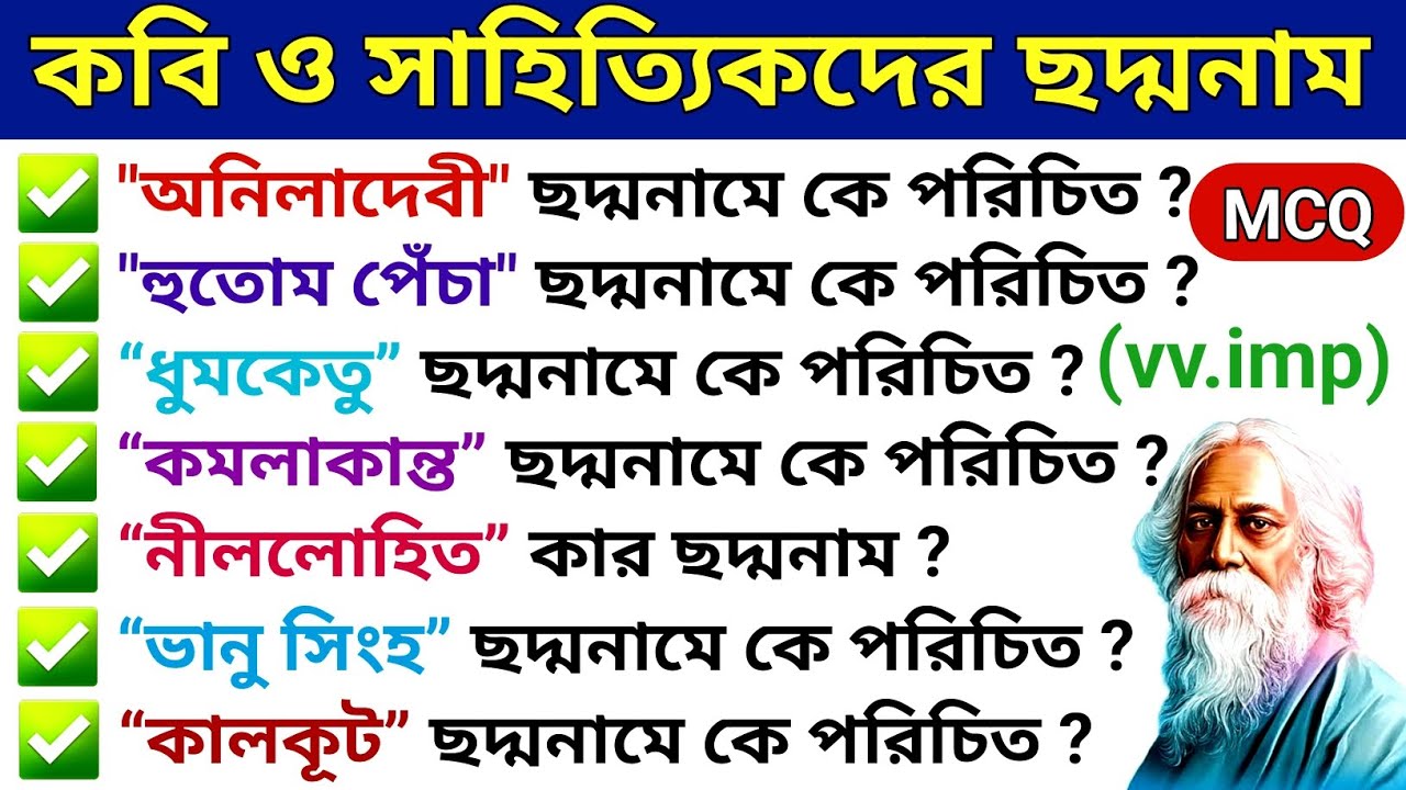 কবি ও সাহিত্যিকদের ছদ্মনাম || Pseudonyms of poets and writers || Bangla Sahitto GK