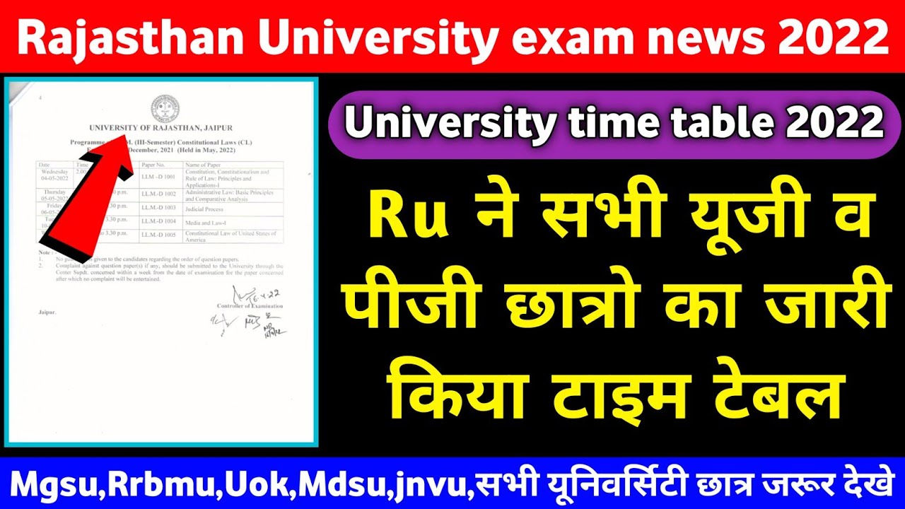 Rajasthan University UG/PG exam time table 2022 ।। college exam time table declared ।। mgsu ।। rrbmu