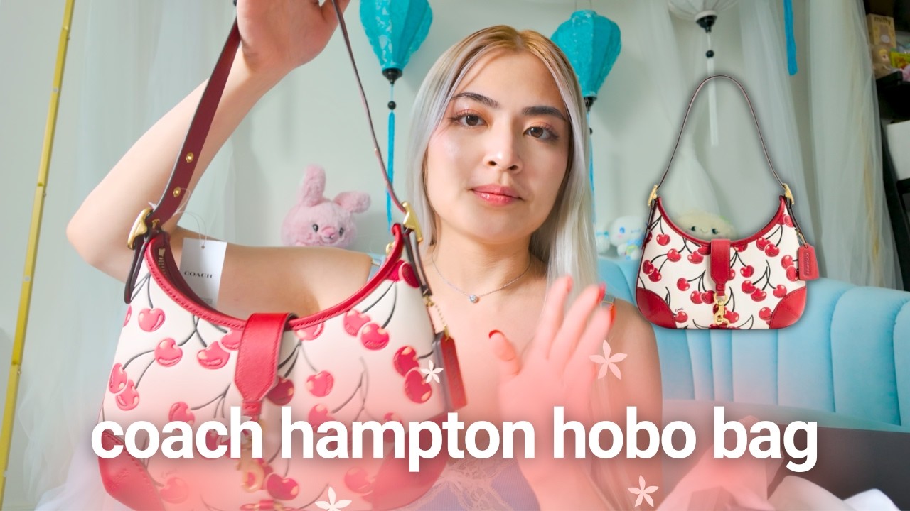 coach hampton hobo cherry bag 🍒🌸 unboxing, what's in my bag, hand bag review