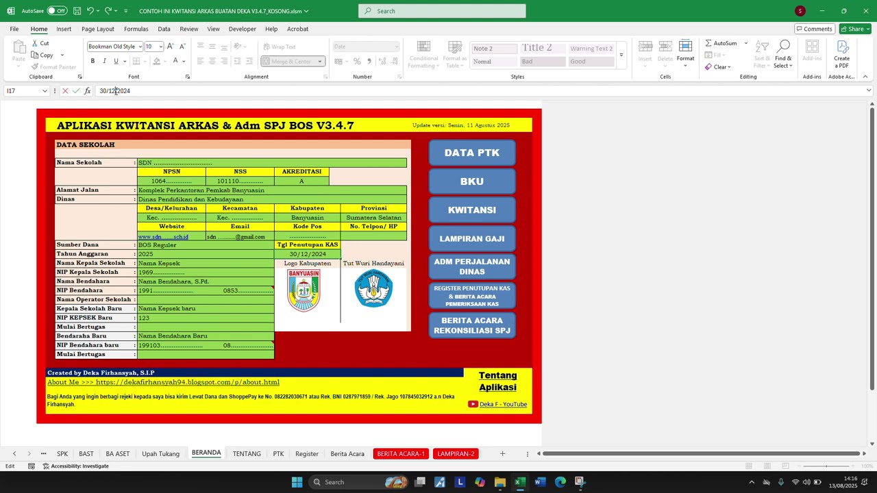 Aplikasi Kwitansi ARKAS Adm SPJ BOS 2025 V3.4.7 ada Lamp. Gaji, AdmPerjalananDinas & Berita AcaraSPJ