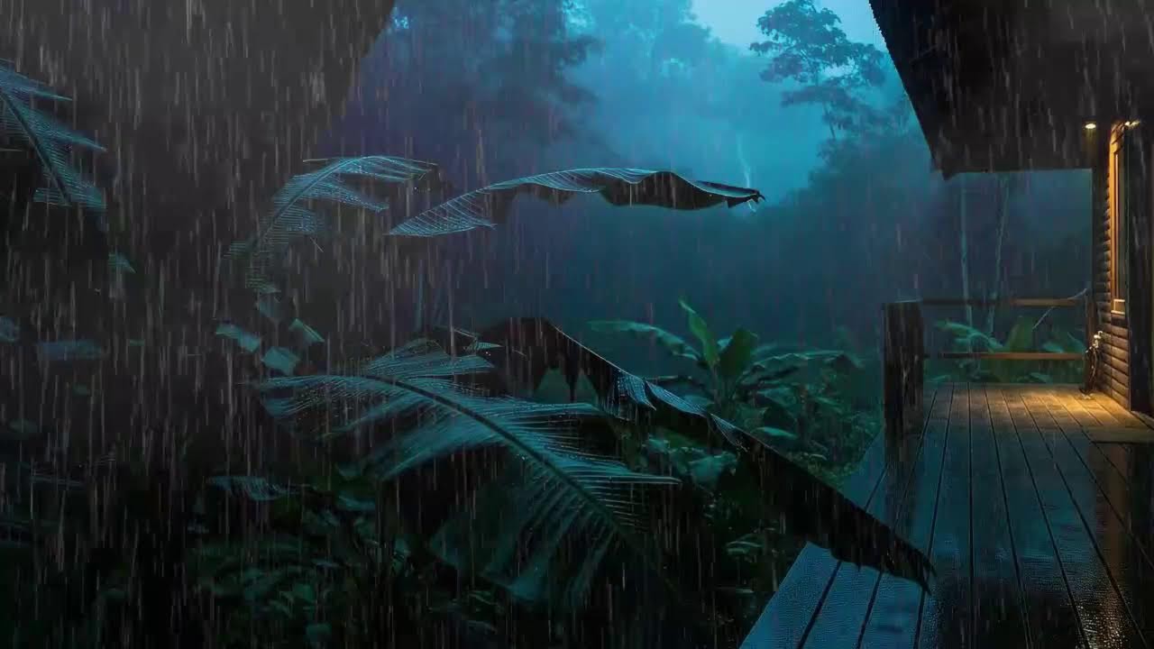 Drift to Sleep with Soft Rain and Distant Rumble at Forest Cabin Terrace 🌧️