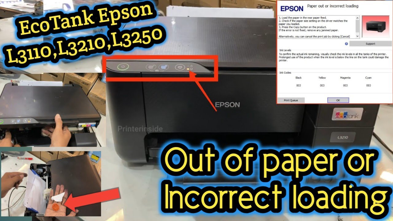 Epson Ecotank L3210 Paper out or incorrect loading | paper not feed | error | Printerinside