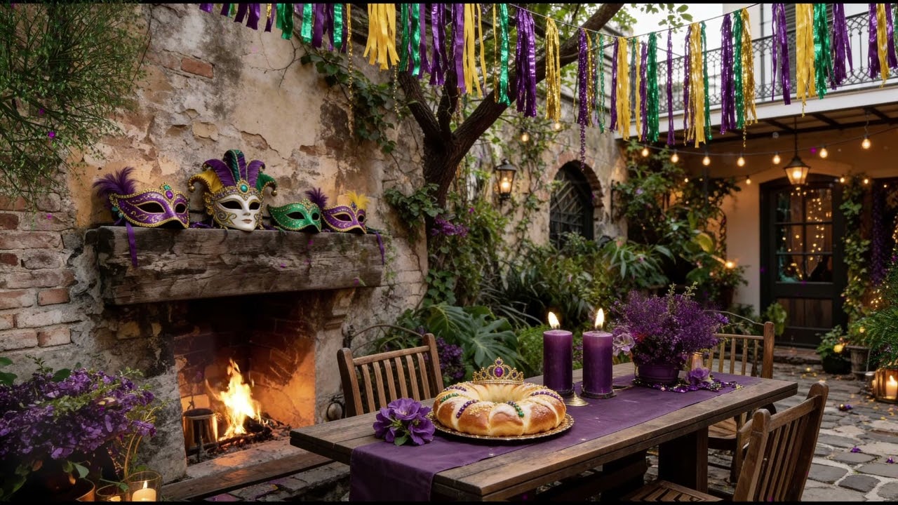 Mardi Gras Garden Party Ambience 🎭 Cozy New Orleans (NOLA) Jazz & Crackling Fireplace