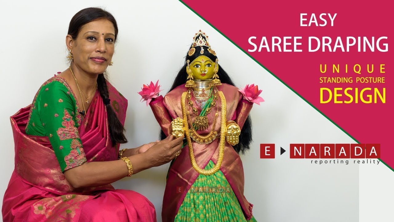 Easy Saree draping for Varamahalakshmi Devi in STANDING POSE by Mamatha | ವರಮಹಾಲಕ್ಷ್ಮಿ ಅಲಂಕಾರ Type5