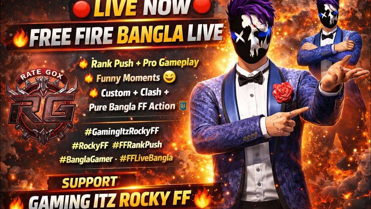 🔴 FREE FIRE LIVE NOW 🔥Rank Push + Fun 😎সবাই ঢুকে পড়ো — GAMING ITZ ROCKY FFLike 👍 Subscribe ❤️