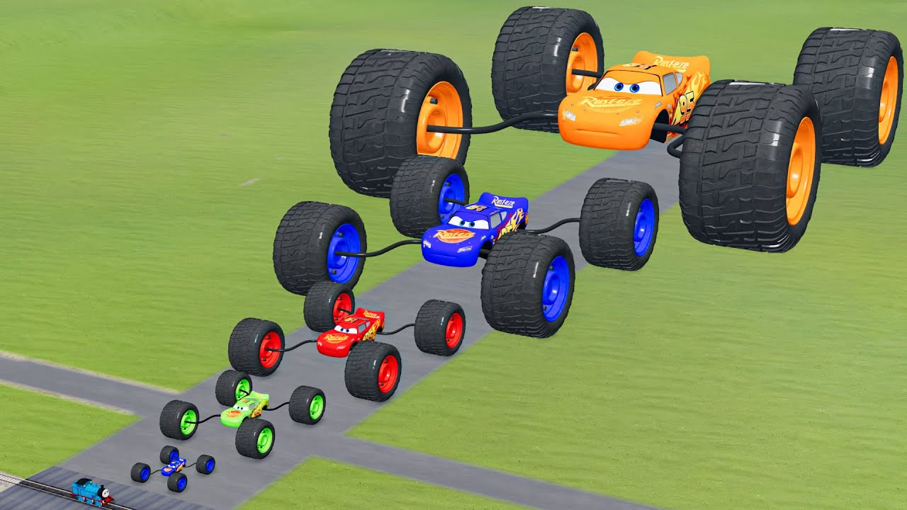 Big & Small Colors McQueen Spider with Monster Wheels VS Trains Thomas | BeamNG.drive