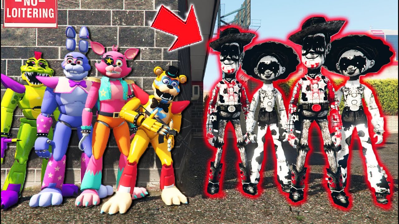 ALL GLAMROCK ANIMATRONICS vs CORRUPTED WOODY & JESSIE TOY STORY (GTA 5 FNAF Mods)