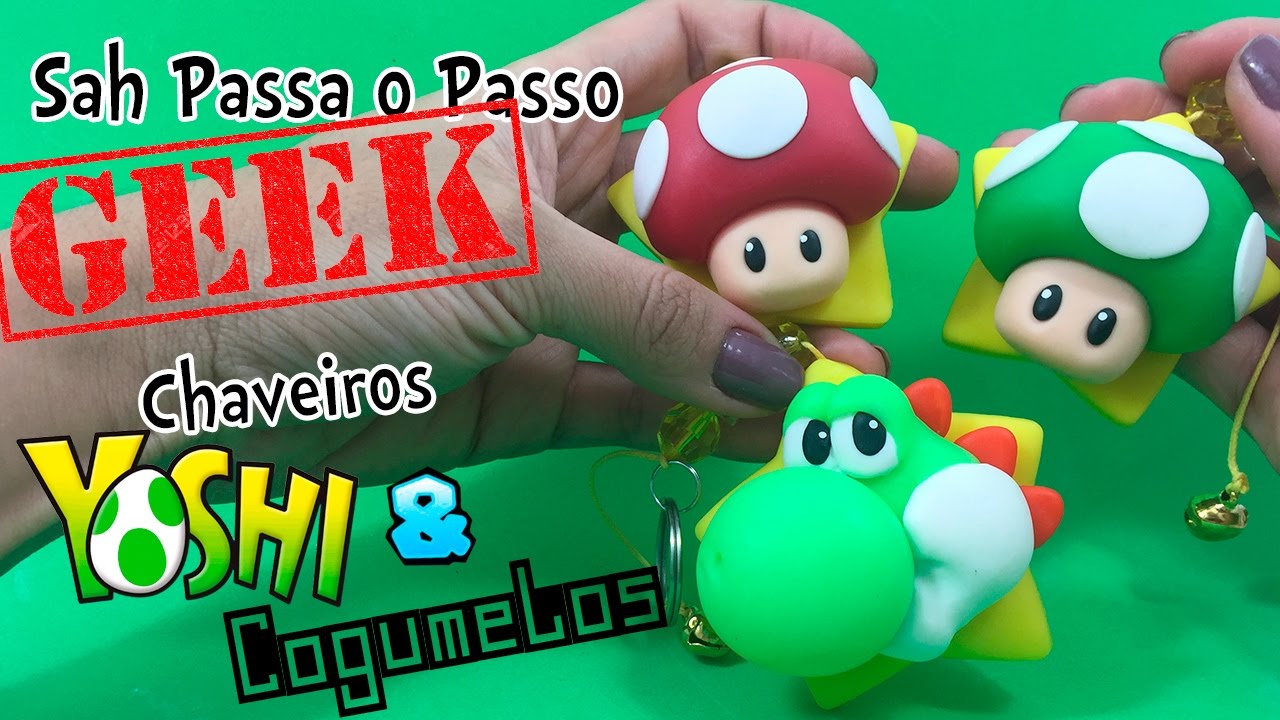 DIY - Chaveiros Yoshi e Cogumelos em BISCUIT - Sah Passa o Passo GEEK