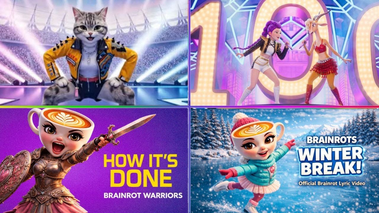 Epic AI Showdown: Rockstar Cat vs Coffee Warrior and Winter Hero in a Neon Arena Battle