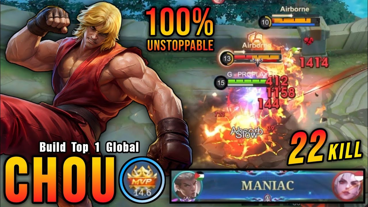 22 Kills + MANIAC!! Chou x Ken Unstoppable Offlaner!! - Build Top 1 Global Chou ~ MLBB