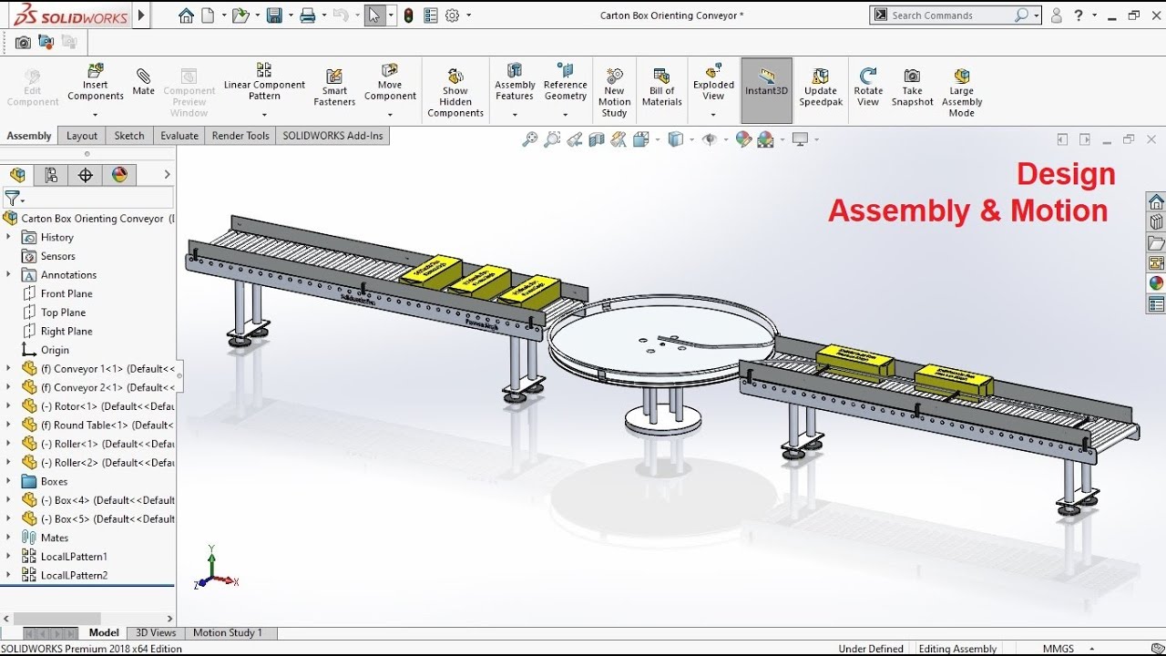 Simple carton box direction changing conveyor design in solidowrks