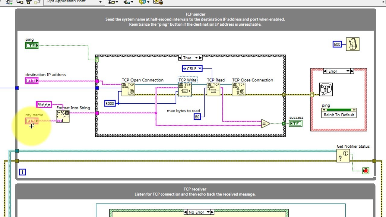 LabVIEW code: TCP/IP sender and receiver and 
