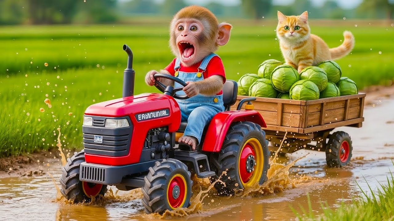 Monkey NaNa’s Tractor Gets Stuck in Mud! Emergency Farm Rescue with Cat 🐒🚜🐱
