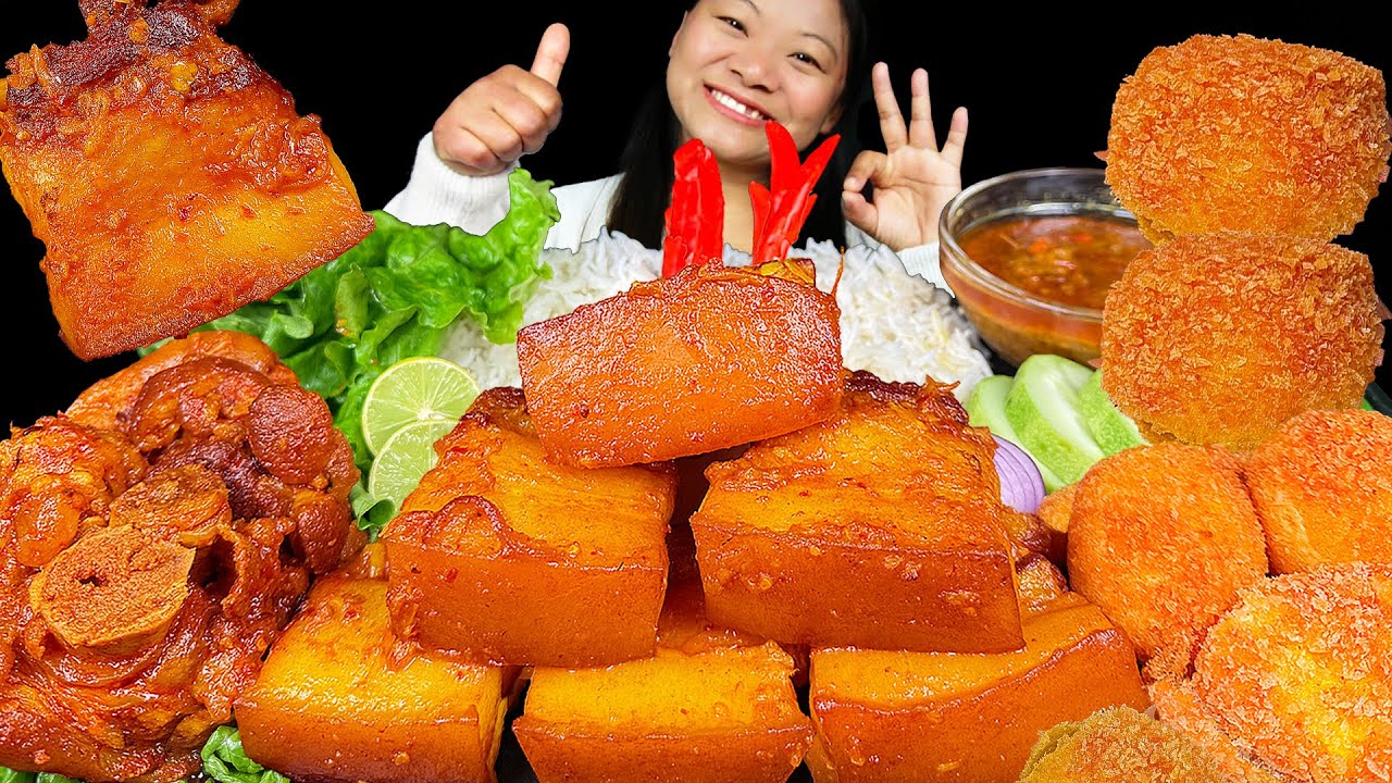 Eating Juicy Pork Curry | Spicy Pork Feet | Crispy Fried Eggs With Rice |  Mukbang | Eating Show
