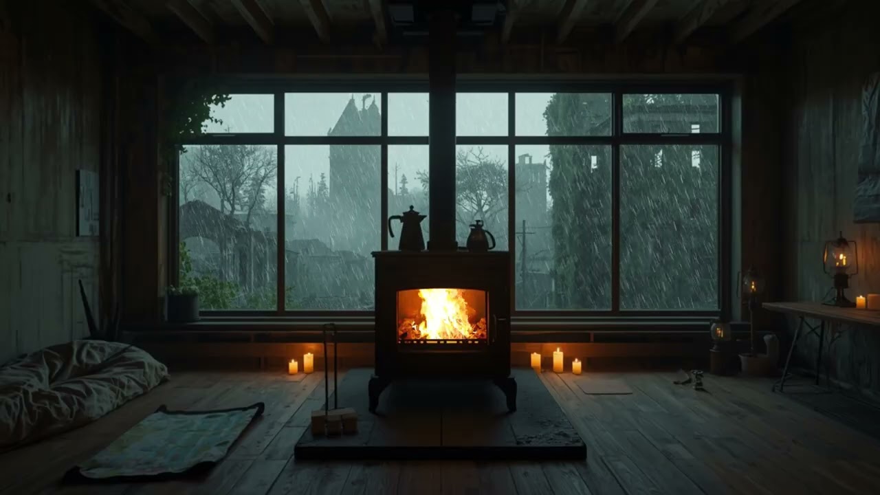 A Hidden Shelter in the Rain | Calm Fireplace Night Ambience