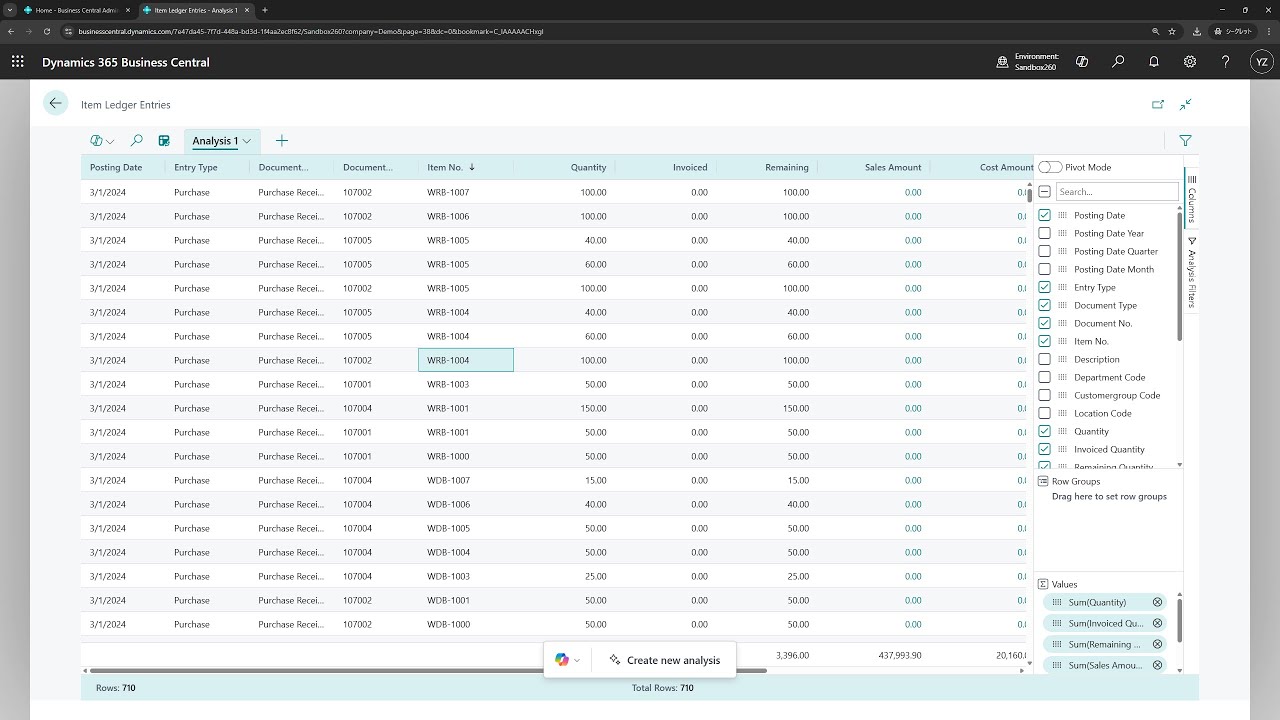 Business Central short video: Export data to Excel in analysis mode