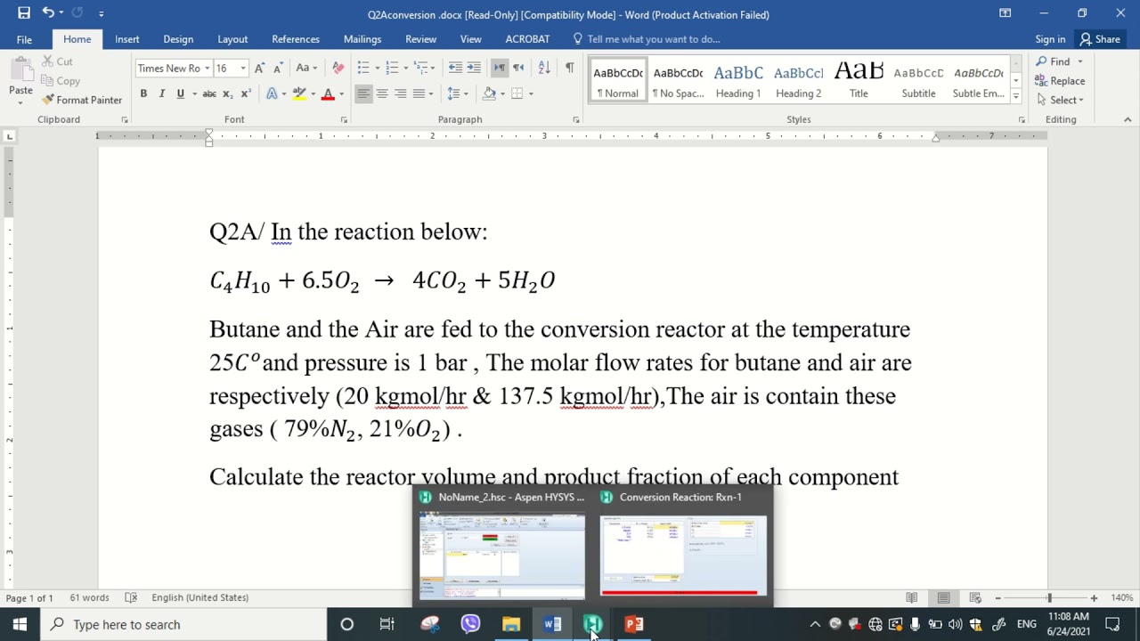 Aspen Hysys Grade 5 Conversion Reactor