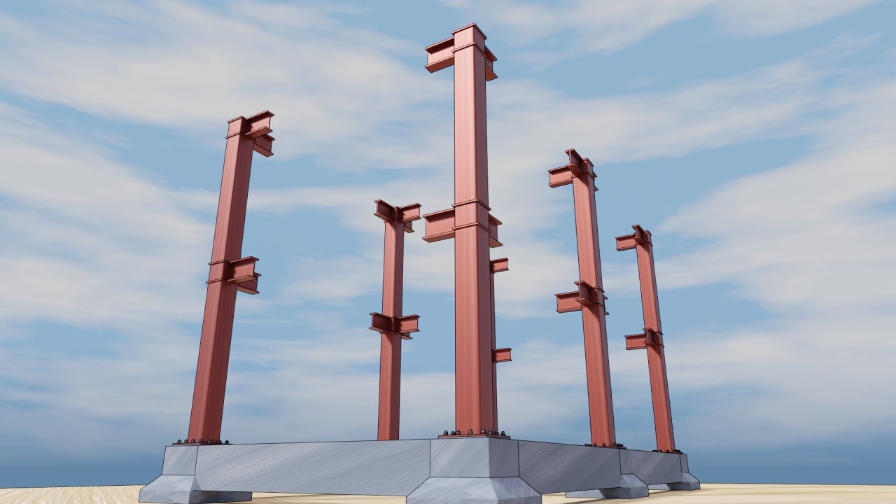 【鉄骨造の構造】ベースプレートと基礎の固定 露出形柱脚の構造【blender3DCG】