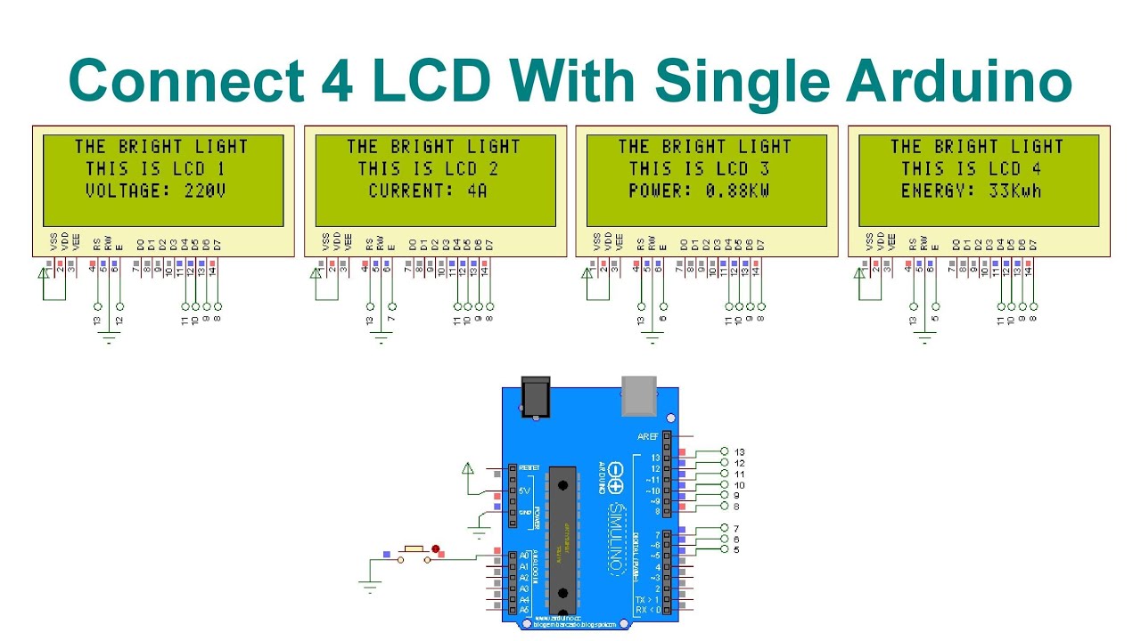 Connect 4 LCDs with a Single Arduino | Code & Circuit | Proteus Simulation
